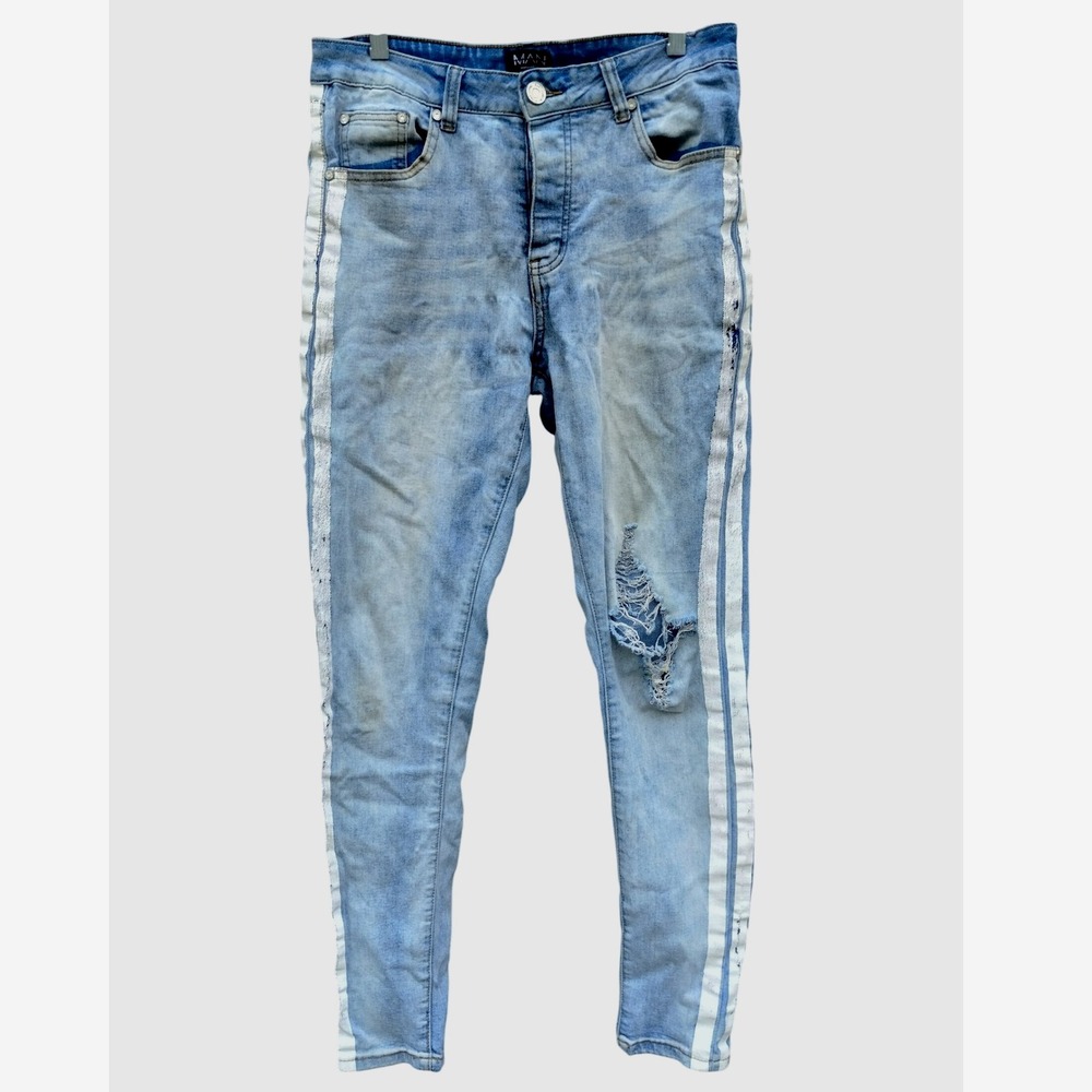 BoohooMAN Mens Distressed Ripped Skinny Jeans White Side Stripes Size 34